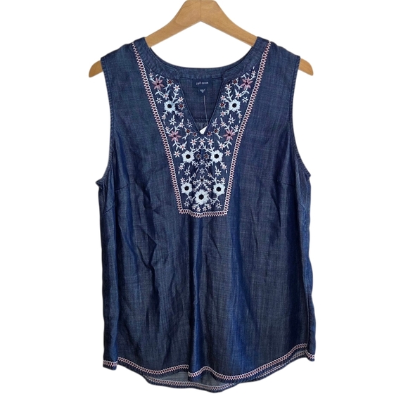 NWT J. Jill Denim | Red Ivory Floral Embroidered Denim Blue Tank Top Size Medium - Picture 1 of 5